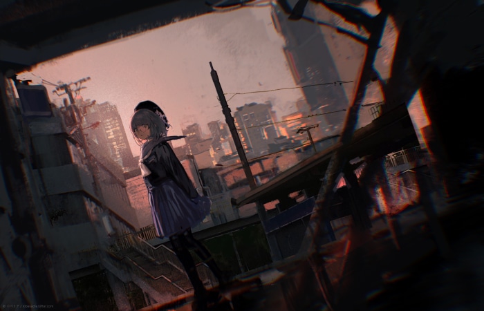 Girl in School Uniform in Ruined City 4K