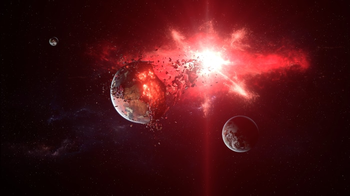 Planet exploding in space with red nebula