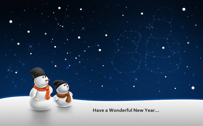 Two snowmen and constellations in the night sky