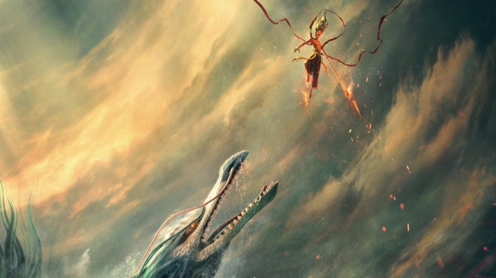 Nezha fights a sea monster