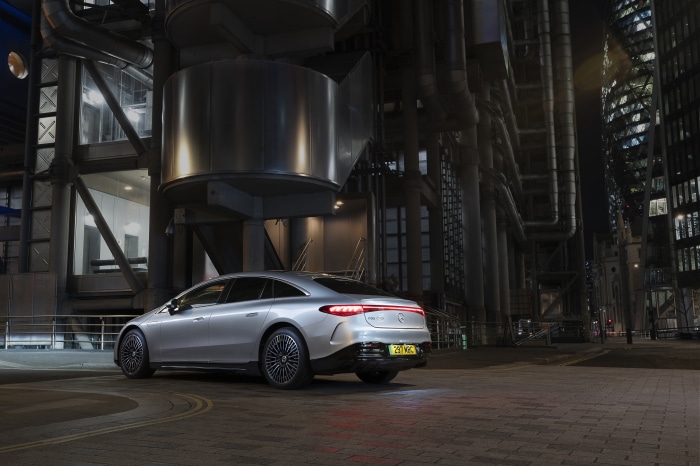 Silver Mercedes-Benz EQS 450 AMG Line at night