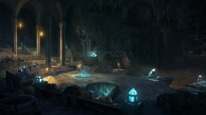 Cave interior with glowing crystals and ancient architecture