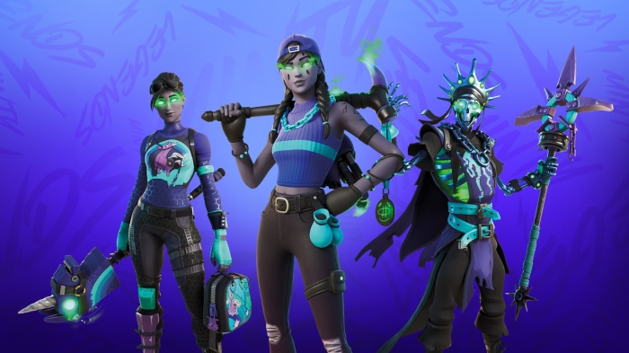 Fortnite characters with glowing green eyes and teal accents