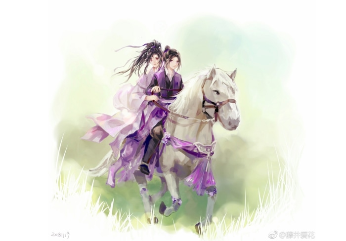 Wei Wuxian and Jiang Wanyin from Mo Dao Zu Shi riding a horse