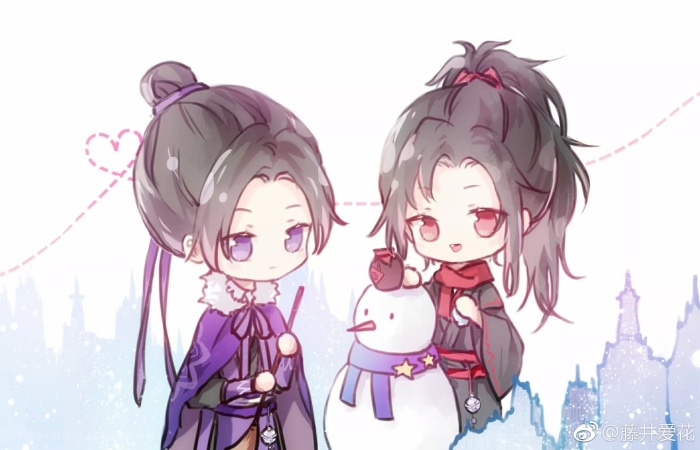 Wei Wuxian and Jiang Cheng from Mo Dao Zu Shi building a snowman