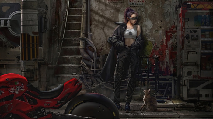 Sci Fi Woman with Cat and Motorcycle 4K