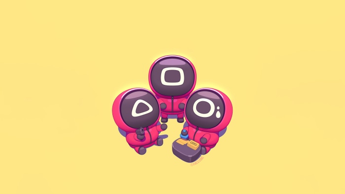 Squid Game characters with shapes on masks