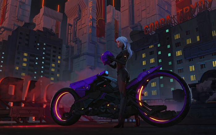 Sci-fi woman with futuristic motorcycle in city