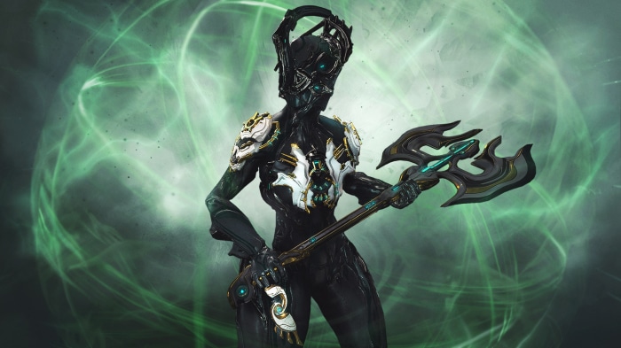 Warframe character with a weapon