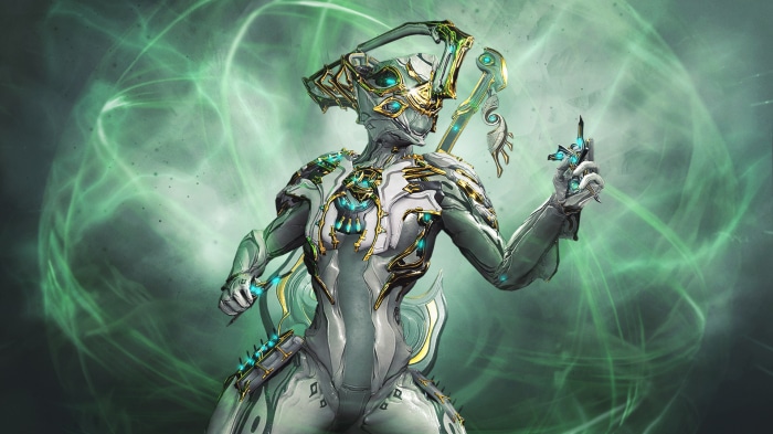 Warframe character with green energy