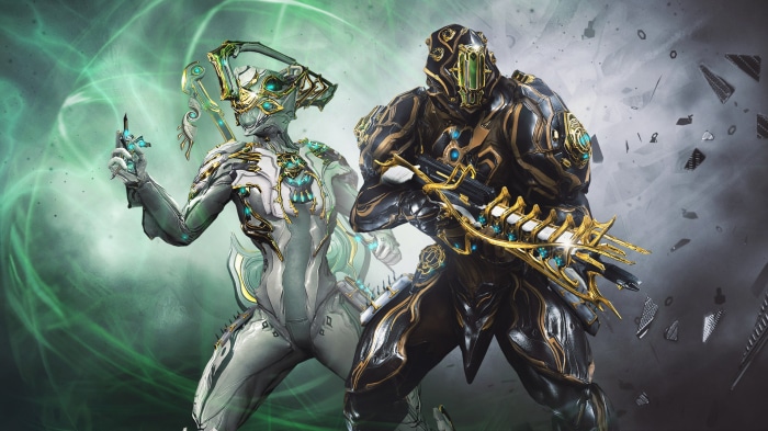 Two Warframe characters with green and grey backgrounds