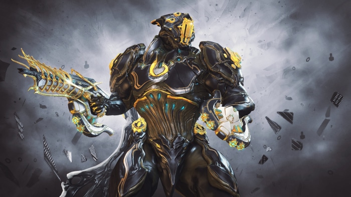 Warframe character holding a golden weapon