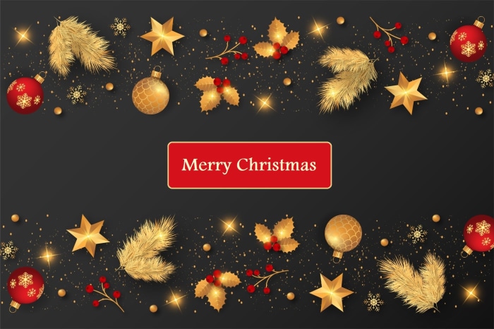 Merry Christmas greeting with ornaments and pine branches