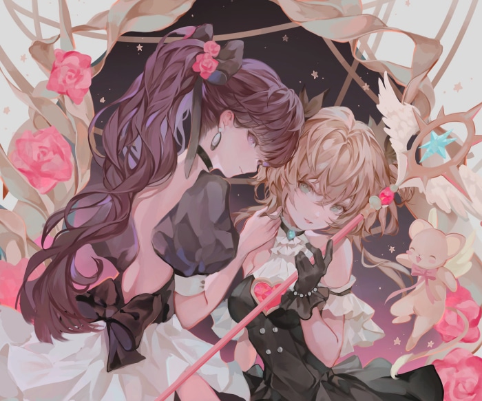 Two girls with magical staff and teddy bear