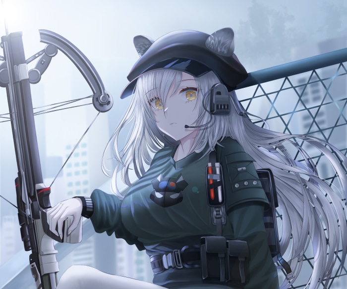 Schwarz from Arknights with a crossbow