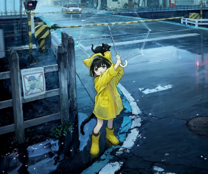 Girl with cat and umbrella in the rain