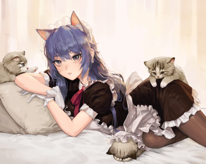 Anime girl with cat ears in maid outfit with kittens
