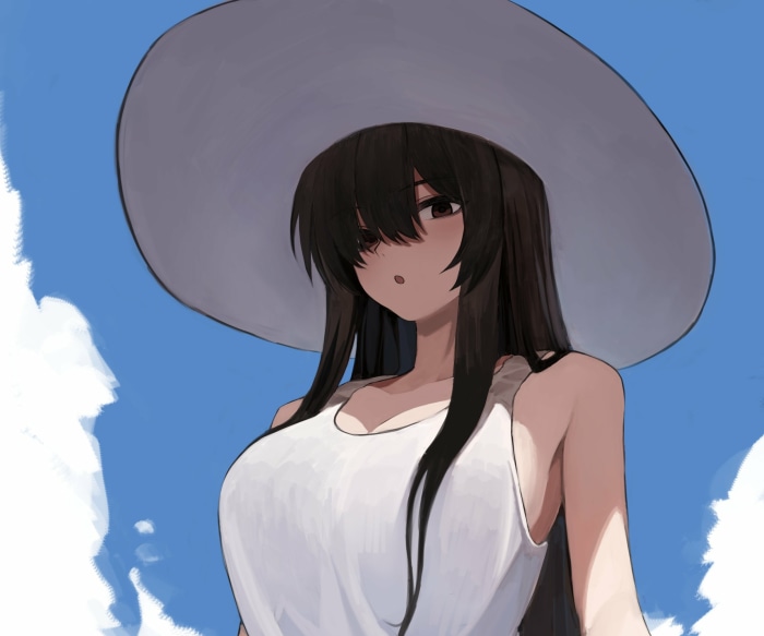 Hasshaku-sama in a white dress and hat