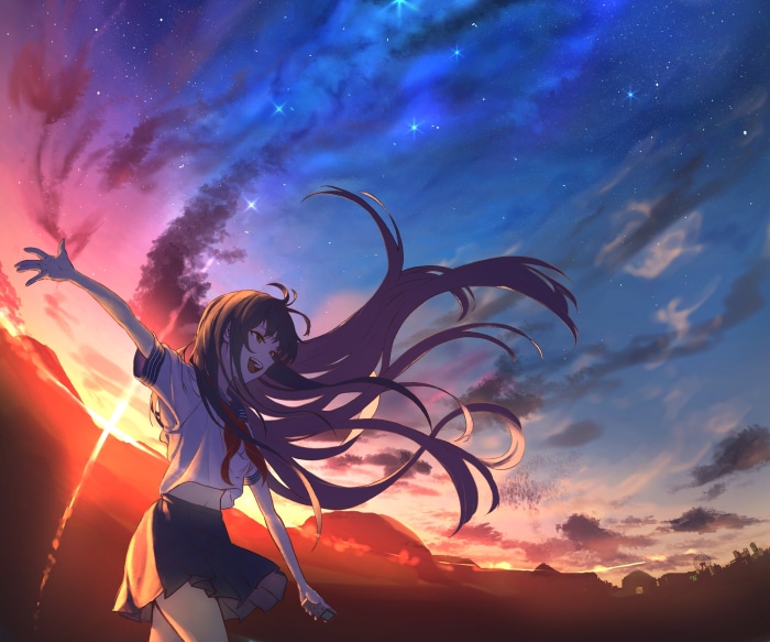 Girl in school uniform under a sunset sky