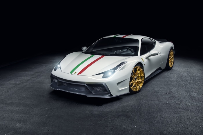 White Ferrari 458 with Italian racing stripes and gold wheels