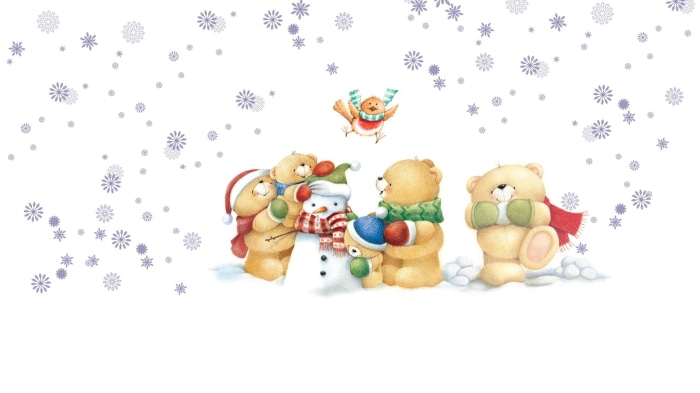 Teddy bears and snowman with snowflakes