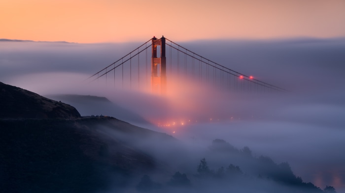 Golden Gate Bridge in Fog at Sunrise