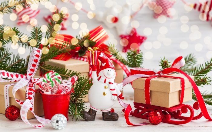 Christmas gifts and decorations with bokeh lights