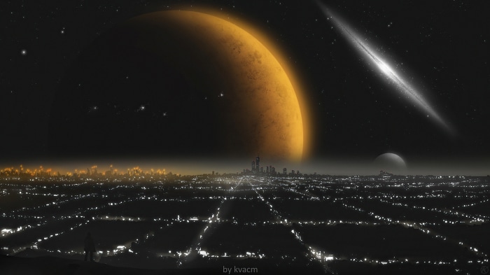Sci Fi Cityscape with Planets and Galaxy
