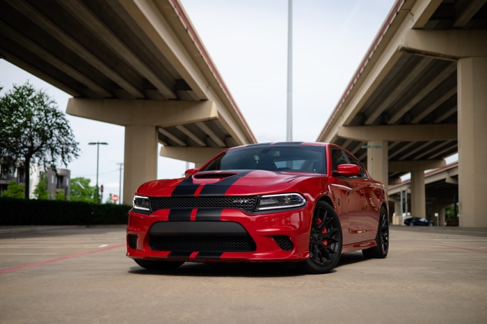 Red Dodge Charger SRT Hellcat with Black Stripes
