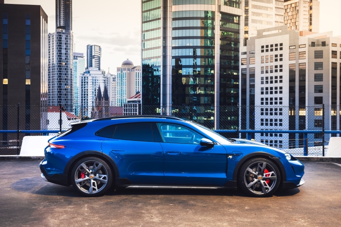 Blue Porsche Taycan 4S Cross Turismo in city