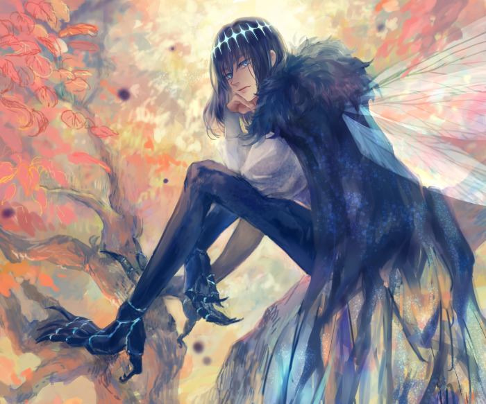 Oberon from Fate/Grand Order sitting on a tree