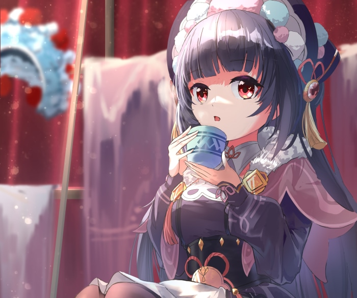 Yun Jin from Genshin Impact drinking from a cup