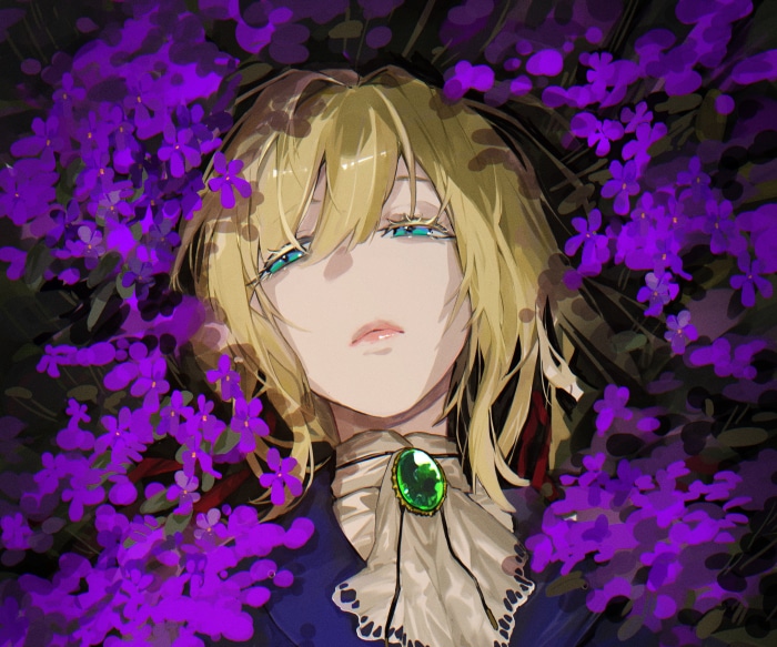 Violet Evergarden with purple flowers