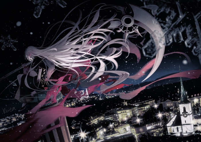 Mori Calliope from Hololive with a scythe over a city