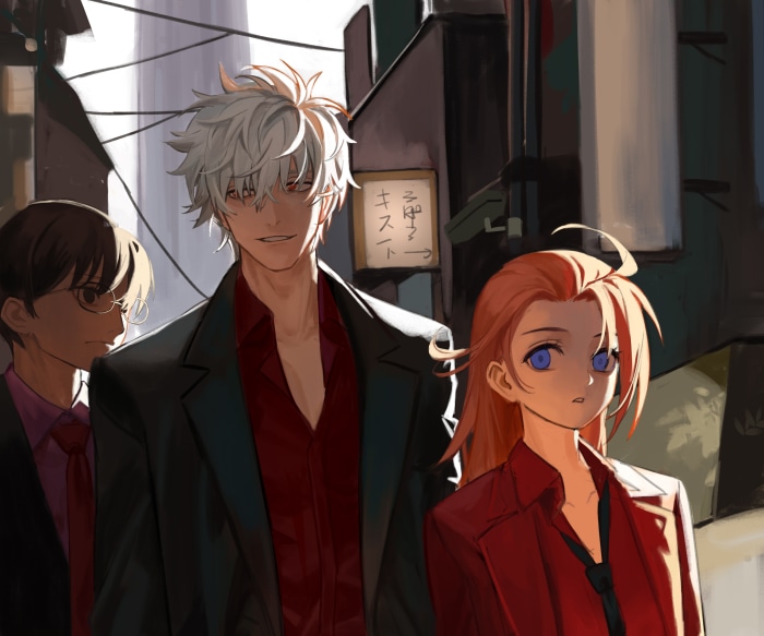 Gintoki Sakata, Shimura Shinpachi, and Kagura from Gintama