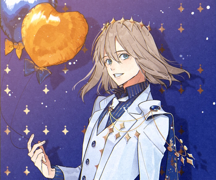 Oberon from Fate/Grand Order with a heart balloon