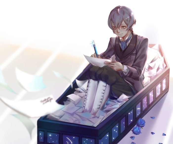 Friday (Shisha no Teikoku) writing in a coffin