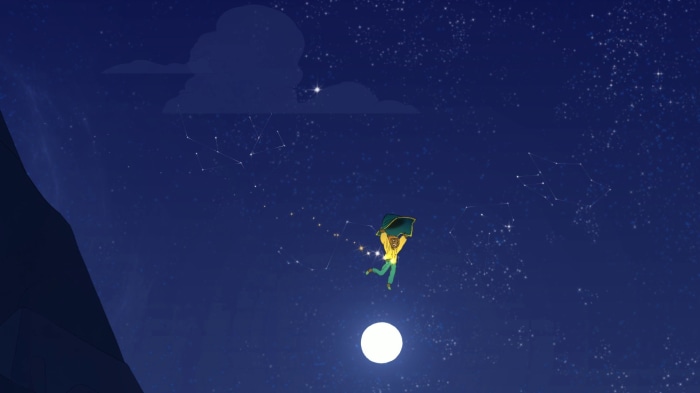 Spiritfarer: A character flies through the night sky