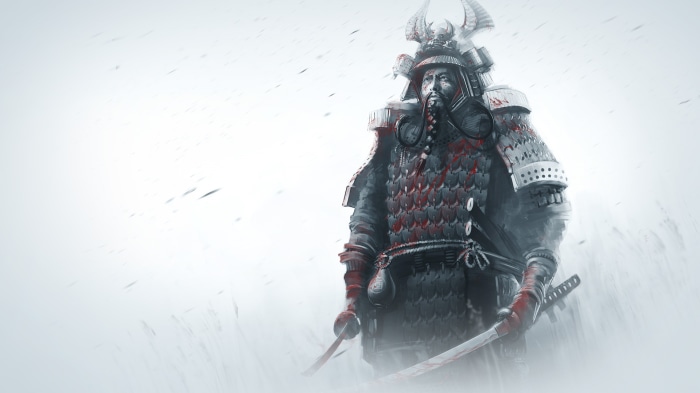 Samurai warrior in armor with swords