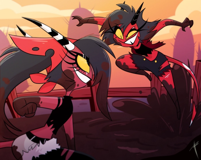 Millie and Sallie May from Helluva Boss fighting