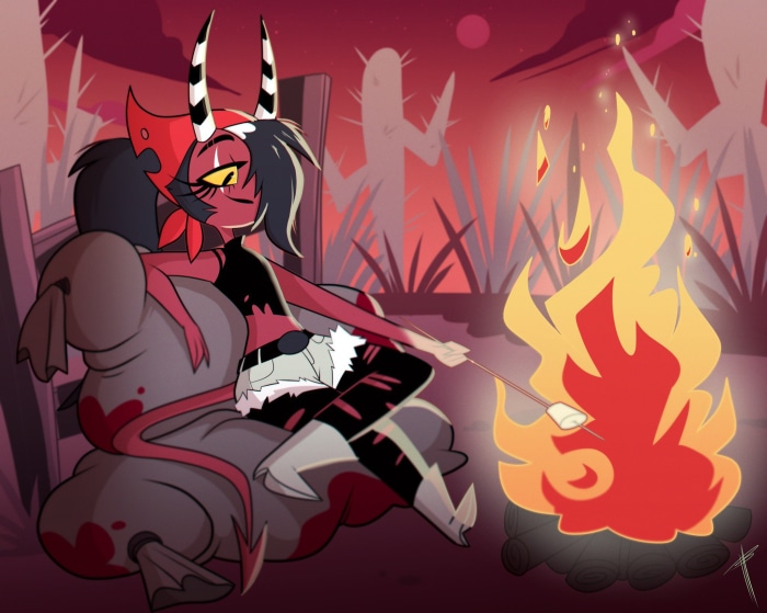 Sallie May from Helluva Boss roasting marshmallows