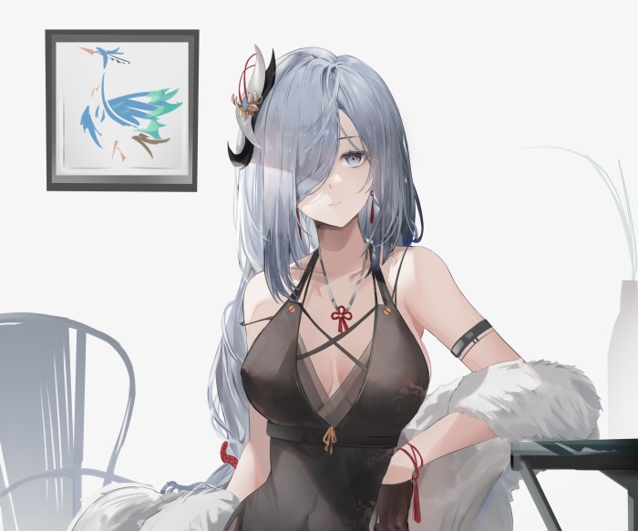 Shenhe from Genshin Impact in a black dress