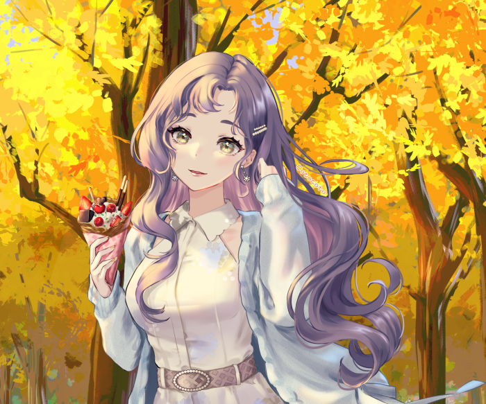 Anime girl with purple hair holding a crepe in autumn park