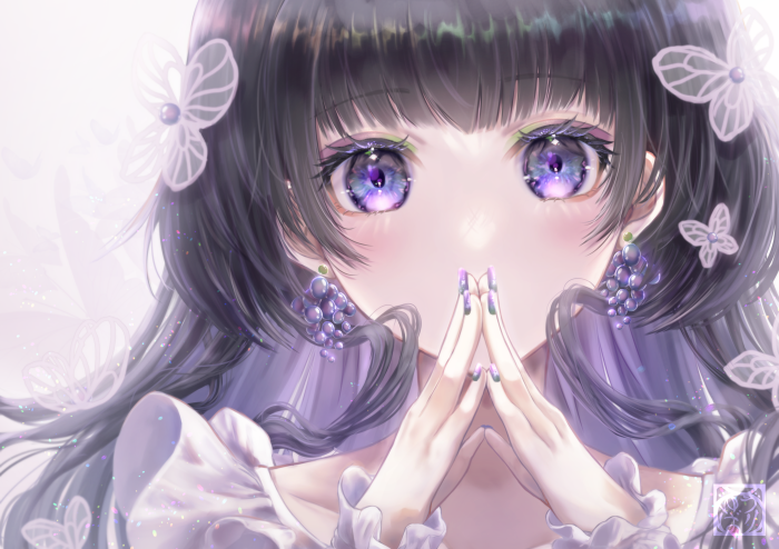 Girl with purple eyes and butterfly hair clips