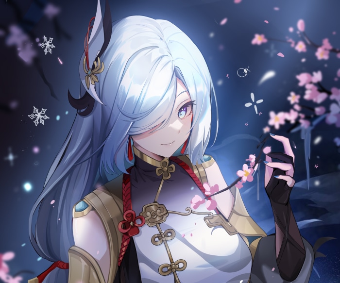 Shenhe from Genshin Impact with cherry blossoms