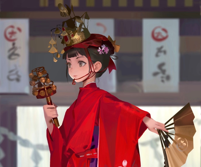 Girl in Traditional Japanese Costume with Fan and Bells