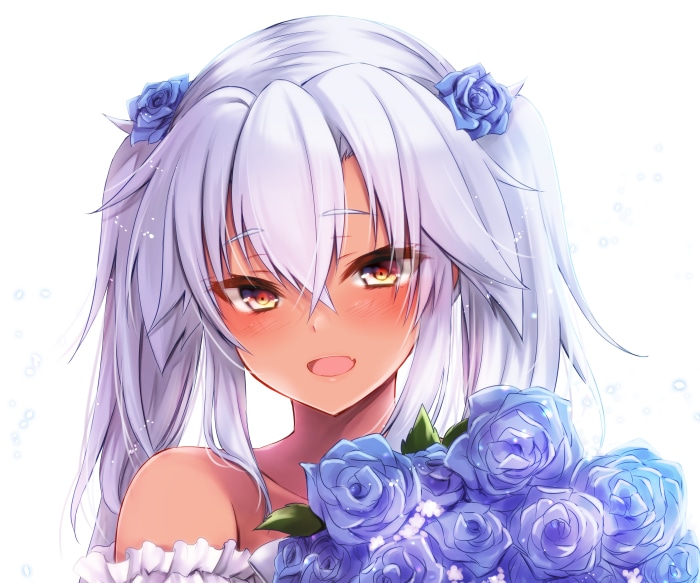 Musashi from Kantai Collection holding blue roses