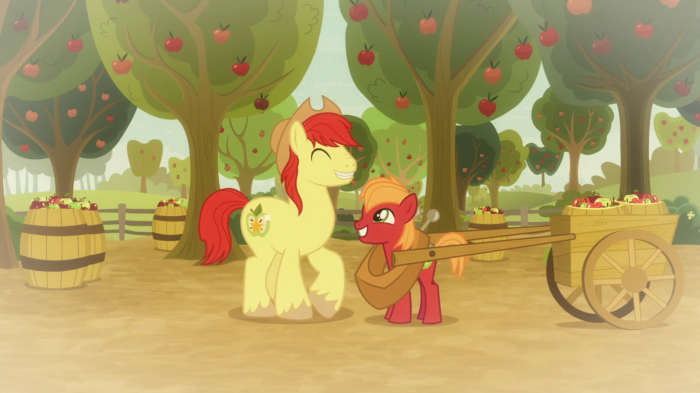 Big Macintosh and Bright Mac in an apple orchard