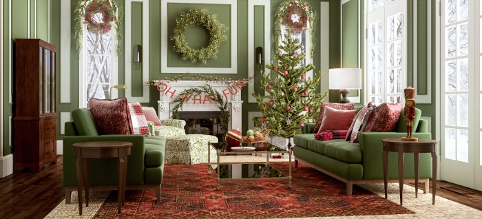 Christmas living room with fireplace and tree