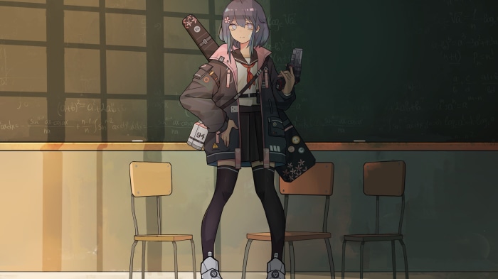 Anime girl with gun and case in classroom